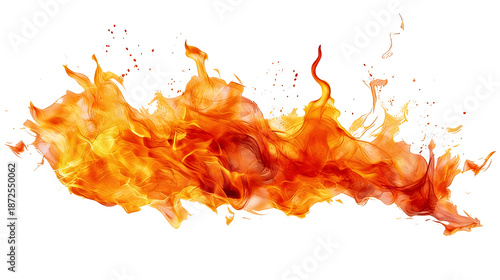A dynamic, abstract representation of a vibrant orange flame with embers and sparks, conveying intense heat and energy through flowing, textured fire elements against a transparent background.