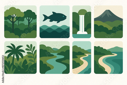 Panama national parks vector icons with Soberania canopy Coiba marine Chagres waterfall Baru peak Darien jungle river and coastline