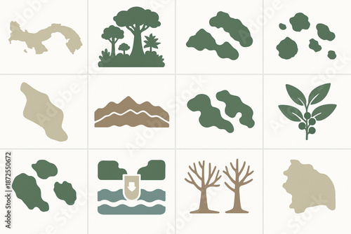 Panama regions vector icons with map rainforest Azuero peninsula mountains islands canal coffee and dry forest