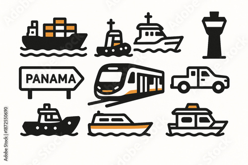 Panama transportation vector icons with canal ship tugboat ferry water taxi highway metro pickup and air tower
