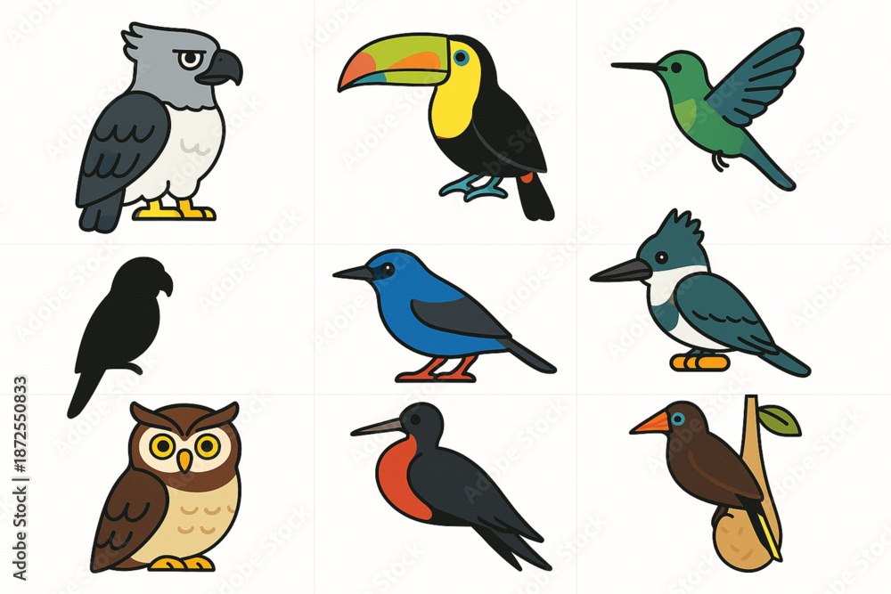 Fototapeta premium Panama bird vector icons with harpy eagle toucan hummingbird parrot tanager kingfisher owl frigatebird and oropendola nest