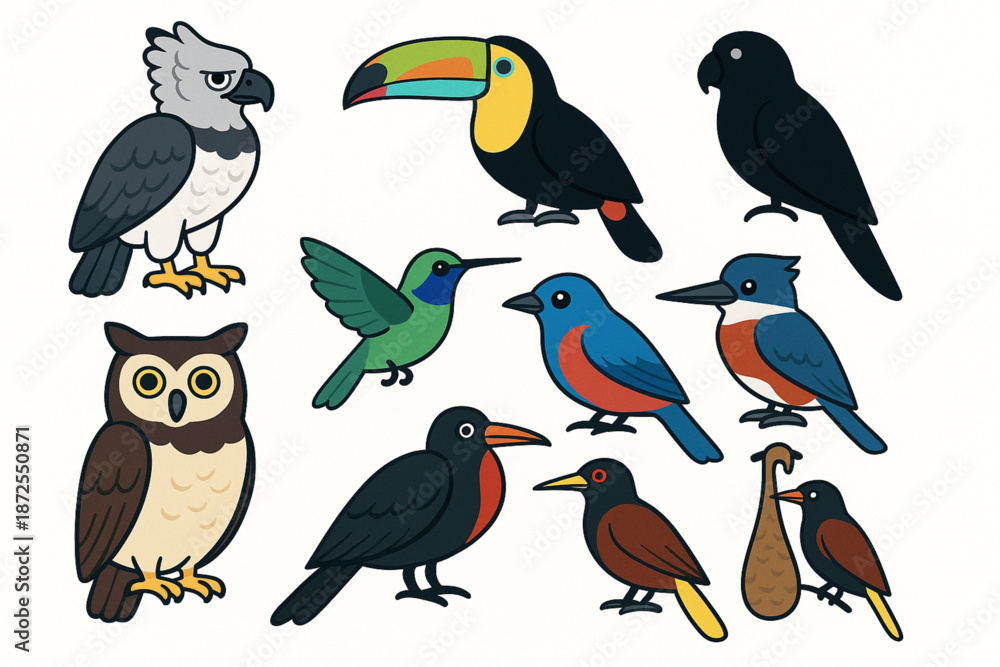 Fototapeta premium Panama bird vector icons with harpy eagle toucan hummingbird parrot tanager kingfisher owl frigatebird and oropendola nest