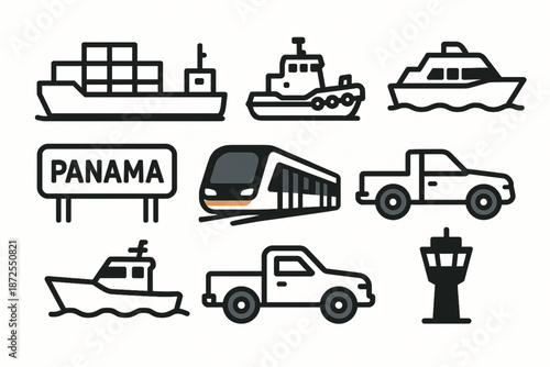 Panama transportation vector icons with canal ship tugboat ferry water taxi highway metro pickup and air tower