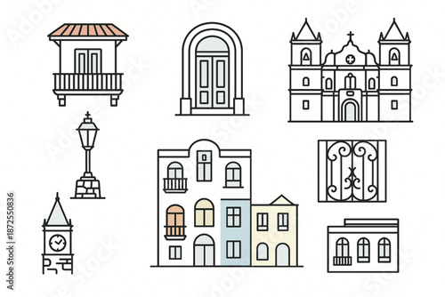 Panama Casco Viejo architecture vector icons with balconies doorways cathedral lamp clock tower facades and window