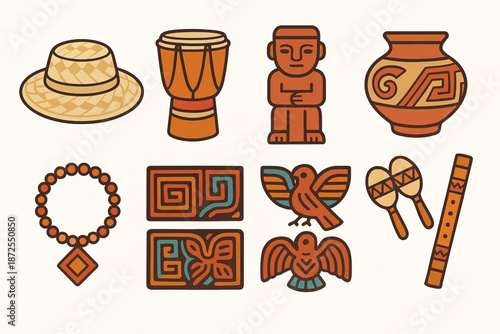 Panama handicrafts vector icons with palm hats drums figurines clay pots jewelry mola textiles and instruments
