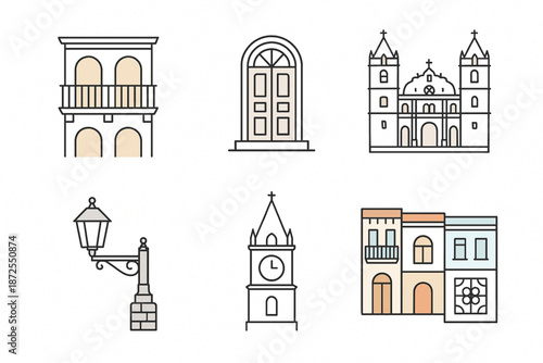 Panama Casco Viejo architecture vector icons with balconies doorways cathedral lamp clock tower facades and window