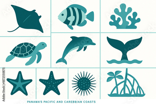 Panama marine life vector icons with manta ray reef fish coral turtle dolphin whale tail starfish urchin and mangrove roots