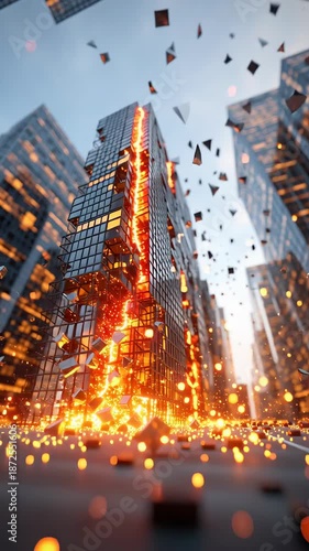 Explosive chaos in modern city skyline symbolizing disaster and disruption