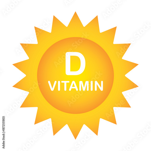 Vitamin D sun icon isolated on white background. Yellow vector sunshine symbol with text for health supplement, immunity boost, medical nutrition or skin care design logo.
