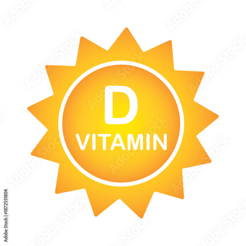 Vitamin D sun icon isolated on white background. Yellow vector sunshine symbol with text for health supplement, immunity boost, medical nutrition or skin care design logo.