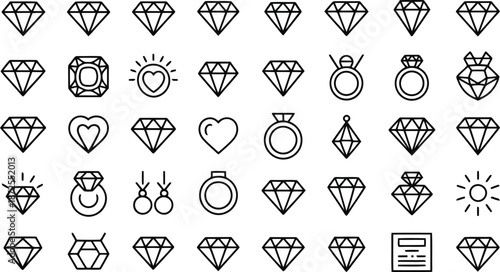An extensive array of outline icons depicting various diamonds, rings, and heart shaped jewels