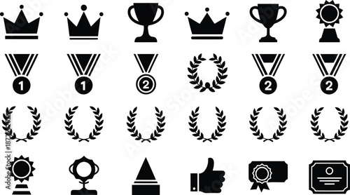 Assortment of black silhouette icons featuring crowns, trophies, numbered medals, laurel wreaths, and certificates