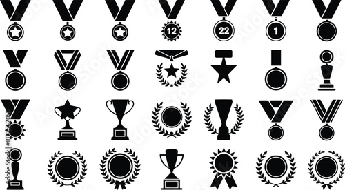 Comprehensive collection of black silhouette icons depicting various awards, medals, trophies, and laurel wreaths