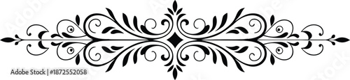 Detailed symmetrical black scrollwork flourish decorative element on a simple white background