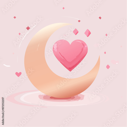 Pink heart and crescent moon illustration for love and romantic concepts