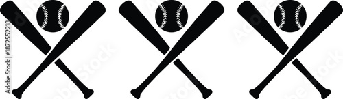 Three pairs of black silhouette baseball bats crossed with a baseball positioned above them