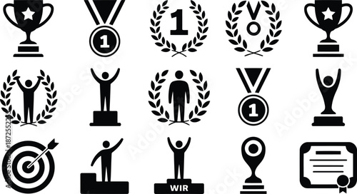 Various black silhouette icons symbolizing success achievement and winning on a clean white background