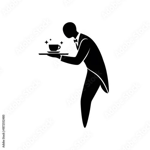 waiter silhouette pictogram serving coffee cup on tray for restaurant service
