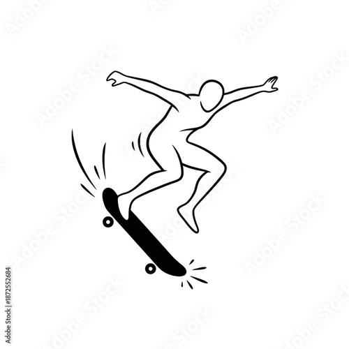 minimalist skateboarder line art illustration performing an ollie jump trick