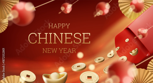 3D vector illustration of red envelope with flying gold coins and ingots. Concept for happy chinese new year greeting card. Luxury and premium festive holiday background template.