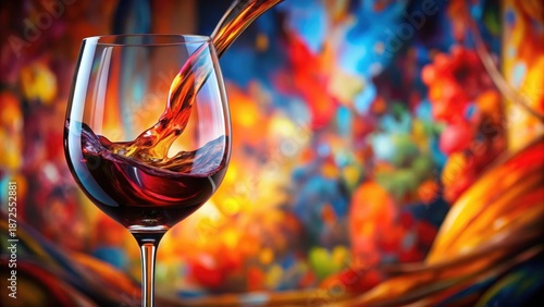Rich Merlot flows into a elegant wine glass against a vibrant, blurred background of colorful artwork