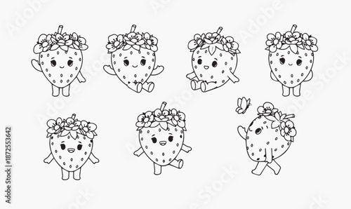 Kawaii Strawberry Character Kit – Cute Fruit Line Art for Coloring