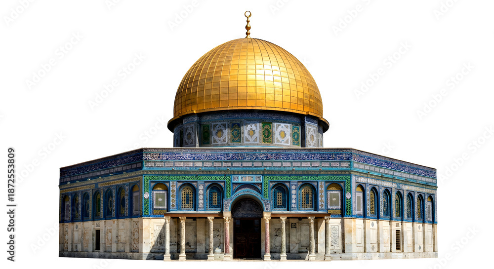 Obraz premium Iconic Dome of the Rock in Jerusalem, featuring its famous golden dome and intricate Islamic mosaic architecture, a sacred religious landmark, isolated on transparent background.