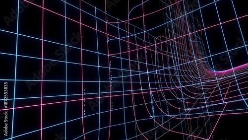 An abstract futuristic technology background features a digital pattern of blue and green fractal lines and waves forming a dark science communication grid for a virtual reality space wallpaper