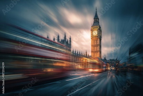 Iconic clock tower building with a moving double decker bus.