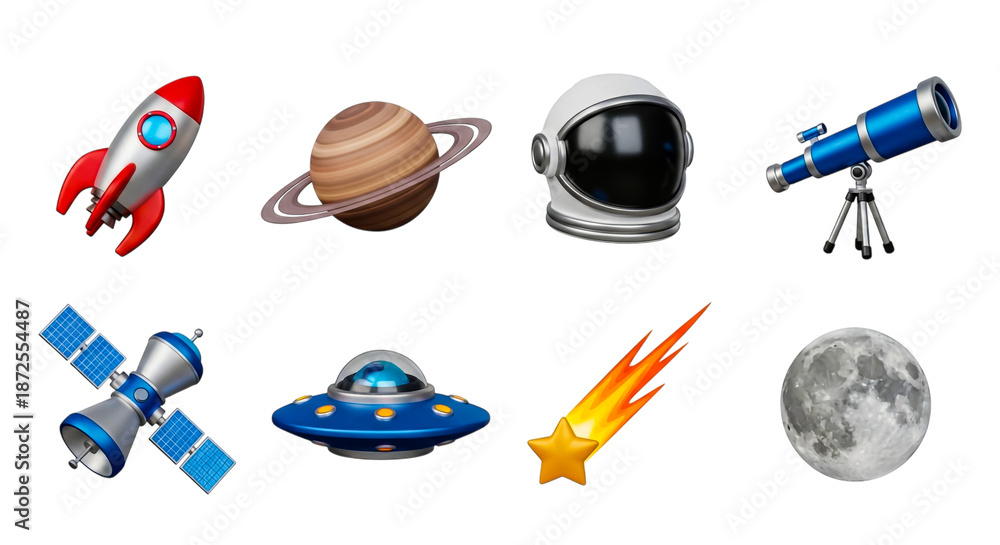 Naklejka premium Illustration of space tech, robots, planets, and astronaut gear for exploration and science.