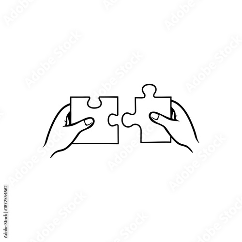 Two hands connecting puzzle pieces together in a simple line art illustration.