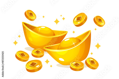 Golden Chinese Ingots and Coins Illustration, Traditional Lunar New Year Wealth Symbols with Sparkles, Prosperity and Good Luck Concept Isolated on White Background.