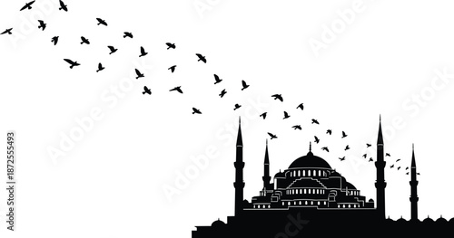 Mosque silhouette, flying birds, cultural architecture, Islamic heritage, peaceful scene, spiritual symbol, black skyline, religious landmark, freedom concept, flat vector