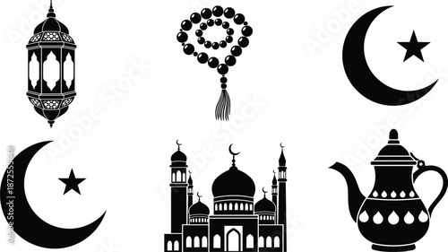 Islamic lantern, prayer beads, crescent moon, mosque, Arabic coffee pot, Muslim culture icons, religious symbols, black silhouette set, flat vector