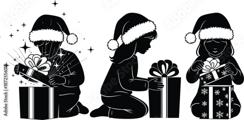 Children with Santa hats, opening gifts, festive Christmas joy, holiday celebration, silhouette style, winter magic moment, seasonal cheer, flat vector