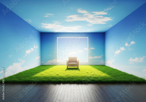 Surreal living room with green grass floor and blue sky walls.