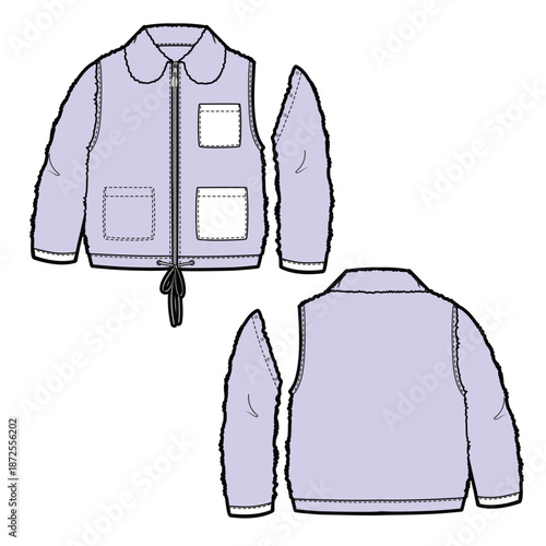 Kids fleece jacket technical drawing vector mockup template.