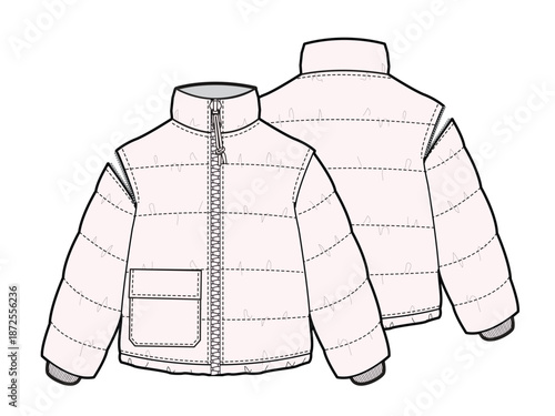 Boys puffer jacket vector mockup template technical technical line drawing.