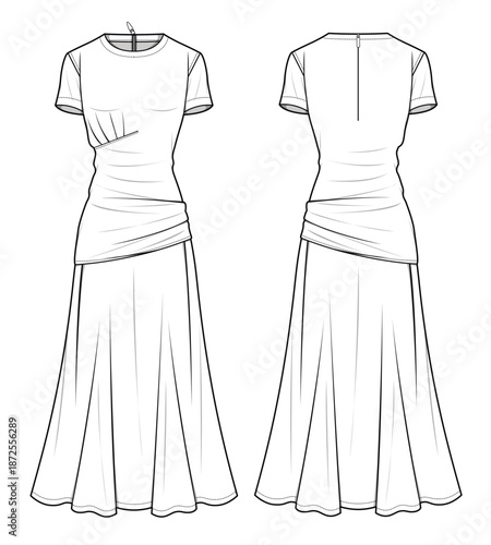 Long tunic dress vector design mockup template technical flat sketch.