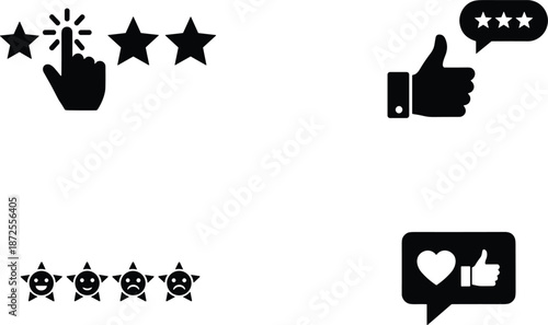 Set of black feedback icons including star ratings thumb up with speech bubble and heart like symbols.