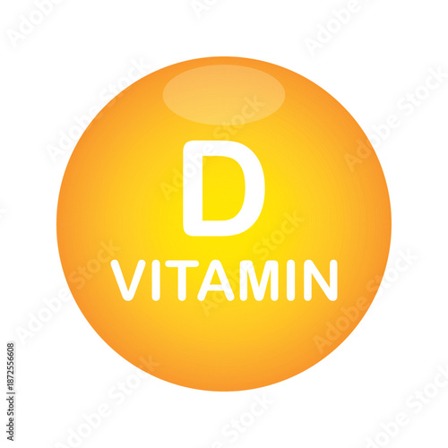 Vitamin D vector icon. Glossy orange round button isolated on white. Dietary supplement symbol for immunity, health and nutrition. 3D medical pharmacy design element. Sun vitamin complex concept.