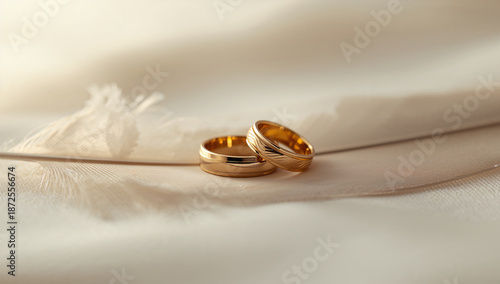 ブライダル広告に使いやすいゴールド結婚指輪と羽根の上品背景.生成AI