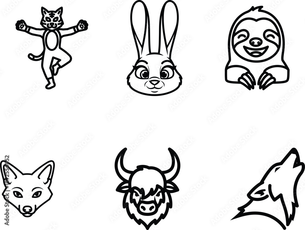 Obraz premium cartoon animal faces and body cat rabbit sloth fox bull wolf