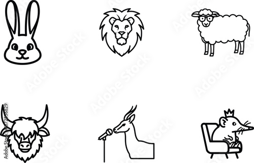 black and white line drawings of various animals