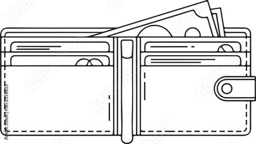 Minimalist black line vector of an open bifold wallet featuring multiple card slots with various credit cards and a single paper currency bill tucked inside the back pocket.