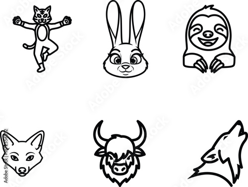 cartoon animal faces and body  cat rabbit sloth fox bull wolf