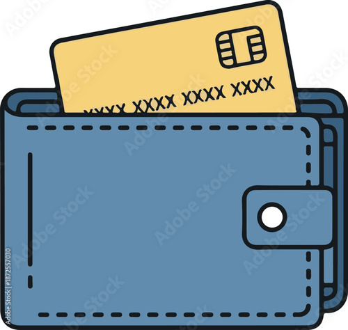 A vibrant flat vector illustration of a blue bifold wallet with visible stitching, featuring a yellow credit card with a visible chip and masked account numbers peeking out.