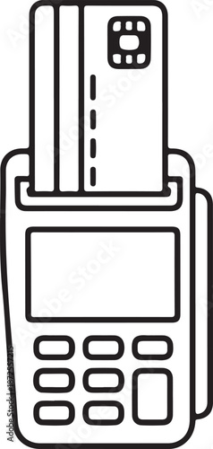 A minimalist line vector showing a credit card with a visible chip being inserted into the top slot of a point-of-sale (POS) terminal with a digital screen and numeric keypad.