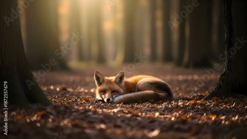 Wild red fox is peacefully laying down and resting in the natural environment of the woods or forest floor, showcasing wildlife and nature