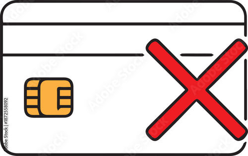 A minimalist line vector of a credit card featuring a gold EMV chip and a large red "X" on the right side, symbolizing a declined, blocked, or failed financial transaction.